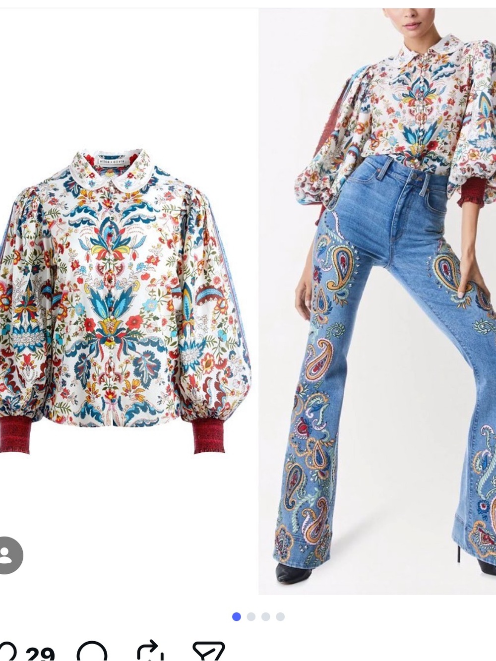 Alice + Olivia Willa Puff Sleeve Blouse Paisley Tapestry Floral Print Size L
